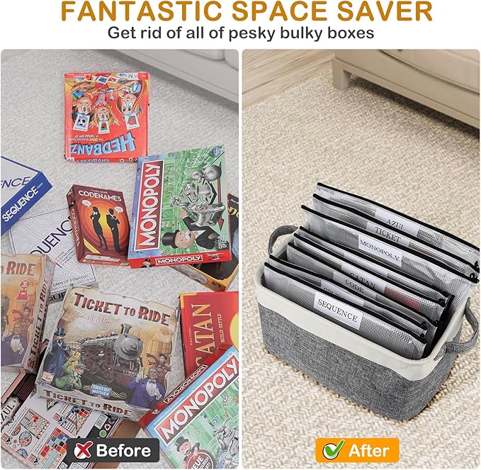 Board Game Storage Kit Include Storage Basket and 10pcs Zipper Bags, Board Game Organizer with Writable Stickers and Dispensing, Suitable for Puzzle Storage, Toys, Document (1 Pack-Grey)