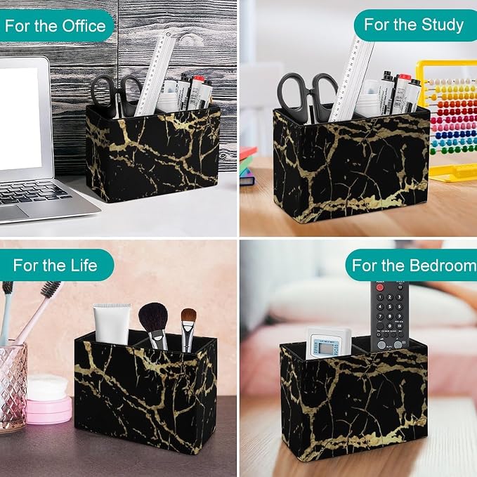 Pen Pencil Holder Gold Marble Black in PU Leather, Multi-Functional Pencil Container with Anti Slip Bottom for Home Office, Square Pen Holder