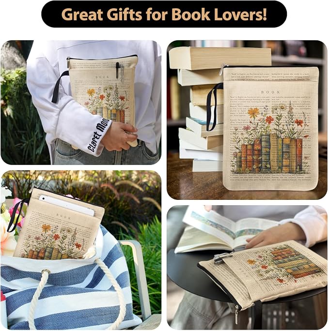 Bookish Flower Blossoms Book Sleeve Pouch, Book Lovers Gifts Book Covers Protector for Paperbacks with Handle for Reader Bookworm, Book Club Gifts for Chritsmas, Reading Accessories for Student