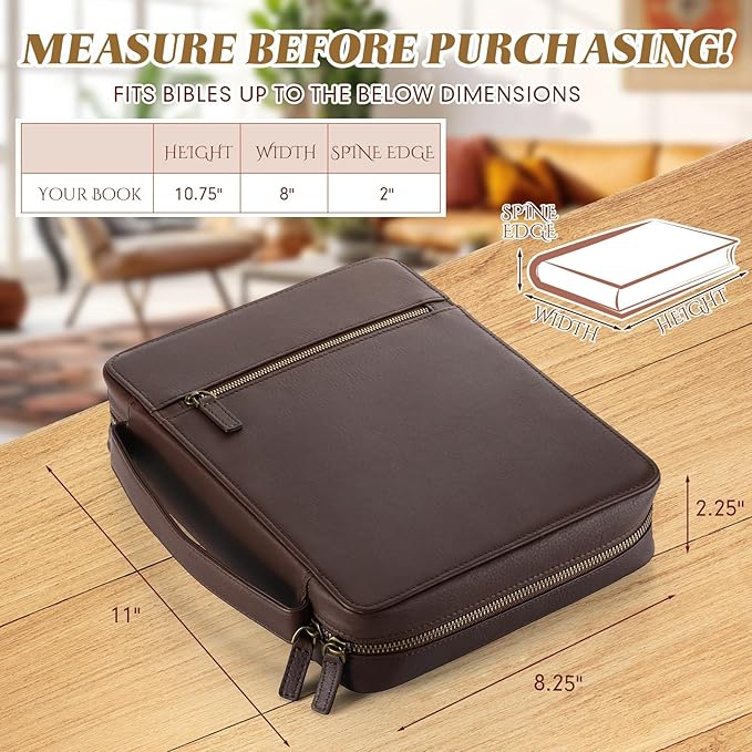 Top Grain Buffalo Leather Bible Cover Christmas Real Leather Bible Book Cover with Handle, Pocket, Zipper, Book Protective Holder Christian Religious Carrying Case Organizer Portfolio
