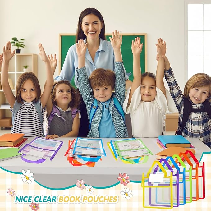 Teling 24 Pack Thick Clear Book Pouches with Blank Name Tags and Handles Book Baggies Bags Bins Organizer for School Classroom Library Pockets Students (10 x 12 Inch,Stylish Color)