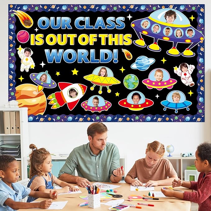 gisgfim Outer Space Bulletin Board Decorations Set Back to School Space Theme Classroom Paper Cutouts Our Class is Out of This World Spacecraft Bulletin Board Decor for Kids School Chalkboard Wall