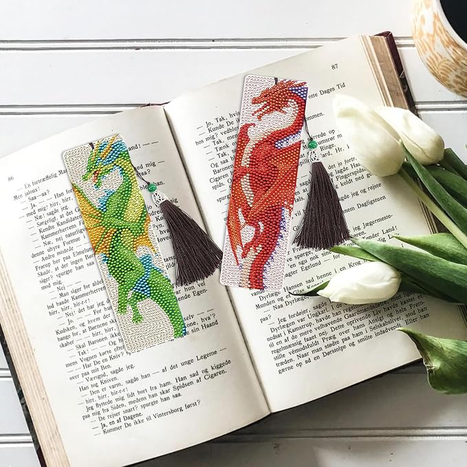 6 Pcs Dragon Diamond Art Bookmarks with Tassels, DIY Diamond Painting Bookmarks Kit for Adults Beginners and Kids, Fantasy Dragon Bookmark Making Kit with Pen Wax Tray Tools