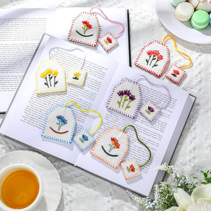 Skyygemm 6 Pcs Retro Tea Bag Bookmarks for Women Tea Party Favors Cute Hand Embroidered Bookmarks Gift for Holiday Book Reading Lovers Mom