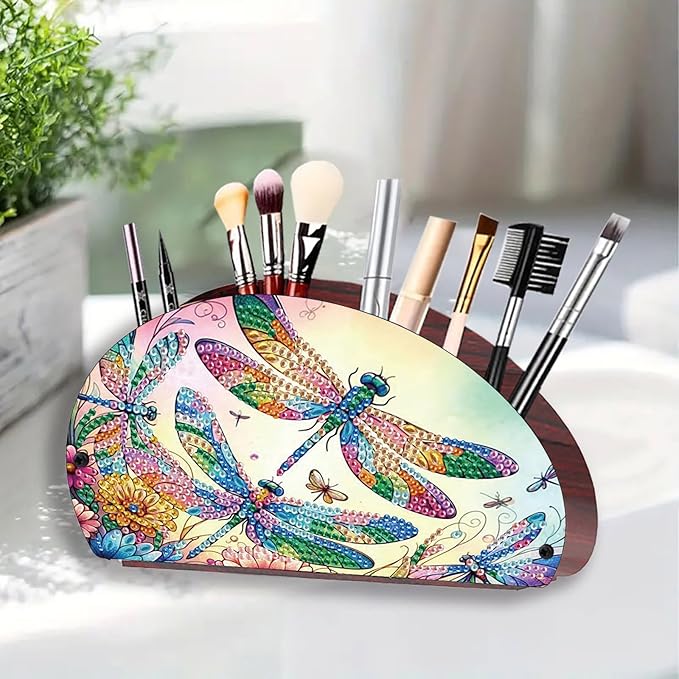 Remote Control Holder with 4 Compartments, DIY Diamond Art Painting Wooden Half Moon TV Control Holder for Remote Controllers, Office Supplies, Makeup Brush, Media Accessories-Dragonfly