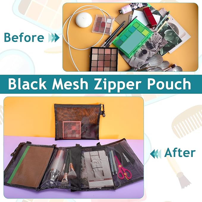 15 Pcs Mesh Zipper Pouch Bags,Black Makeup Bags,Zipper Nylon Mesh Pouch,Nylon Mesh Cosmetic Bags,Portable Makeup Pouches Organizing for Travel and Office Supplies(Black, 8.8x 7 Inch)