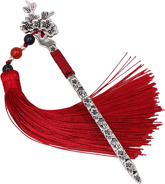 Chinese Metal Bookmarks with Tassel, Vintage Bookmark Unique Classical Ancient Chinese Hairpin Bookmark with Handmade Silky Tassel for Book Lovers Unique Gift