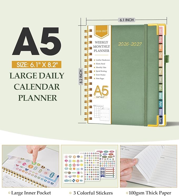 Academic Planner 2026-2027, Hardcover Leather Weekly and Monthly Calendar Planner from July 2026 - June 2027, A5 6.1" x 8.2" Daily Agenda with Tabs, College School Organizer for Student Teacher, Green