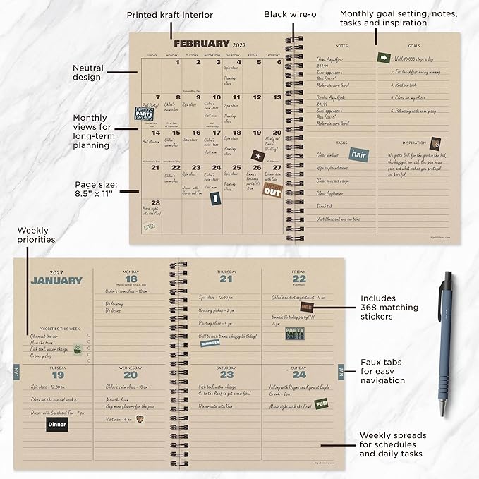 TF Publishing July 2026 - June 2027 Blue Flannel Medium Weekly Monthly Planner - 12 Month Academic Planner 2026-2027 with Durable Cover, Thick Uncoated Paper and Planning Stickers - 6.5 x 8 in