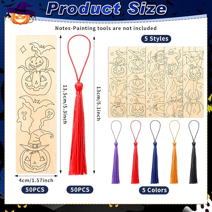 AmazingSpark 100 Pcs Wood Bookmarks Bulk DIY Crafts Kit, 50 Set Blank Coloring Bookmarks with Tassel for Classroom Gifts Exchange Activity Reading Party Favor Reward Goodie Fillers(Halloween)