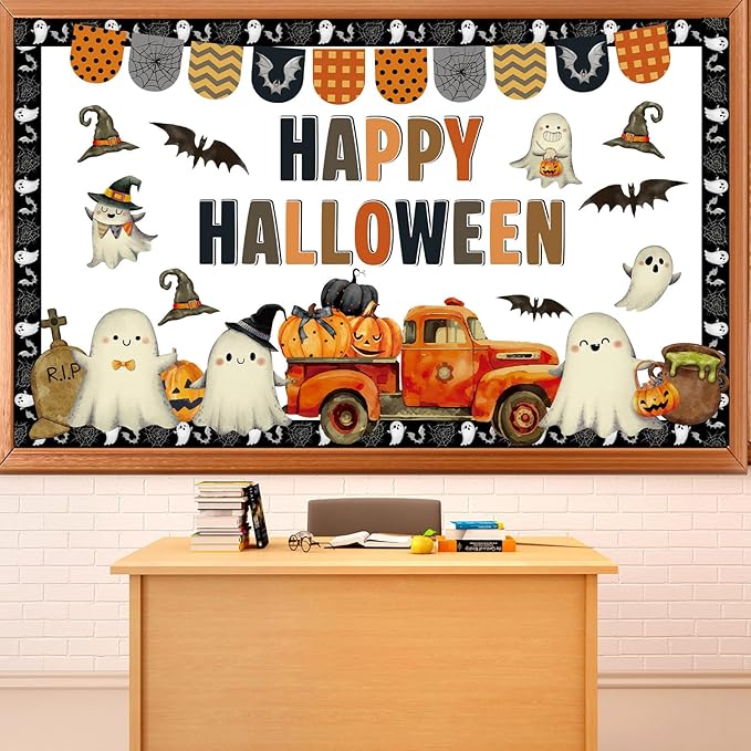 Justforjoyful Halloween Bulletin Board Set Vintage Ghost Evil Pumpkin Bat Bulletin Board Happy Halloween Cutouts Classroom Wall Decor for School Home Chalkboard Fall Party Supplies