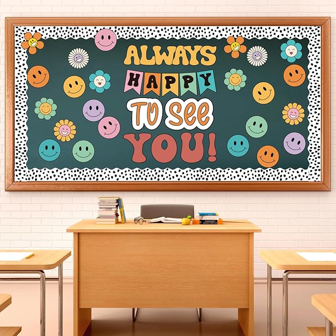 VABAMNA 63 Pcs Groovy Bulletin Board Decorations Set Retro Happy Face Classroom Decor with Black Dots Border Trims for Back to School Classroom Wall Door Decor
