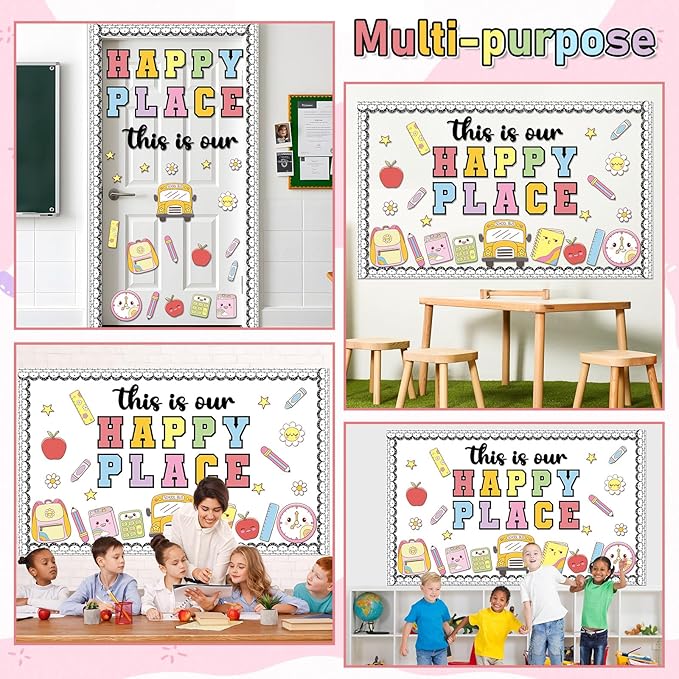 Composition Notebook Bulletin Board This is Our Happy Place Classroom Decor Welcome Back to School Party Decoration Notebook Book Bag Pencils Cutouts for First Day of School Craft Classroom Wall Decor