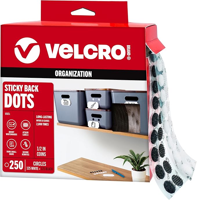 VELCRO Brand Dots with Adhesive | 250 Sets White and Black Assorted | Preschool Classroom Must Haves-| Sticky Back Circles Perfect for Teachers-| 1/2 Inch Round Tape (VEL-40031-USA),(Pack of 12)