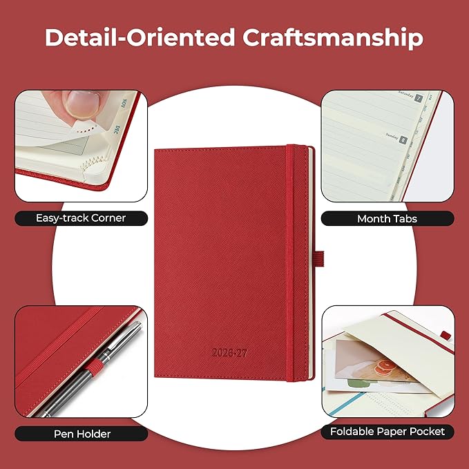 Weekly Monthly 2026-2027 Planner (July 26-Dec 27),8.5"x6.5",18 Months Agenda Plan with Month Tabs & Pocket,Expenses/Note Pages, Academic Calendar with Vegan Leather Cover,Red