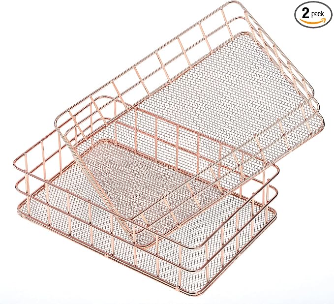 2pcs Rose Basket Bathroom Gold Organizer Storage Basket For Decor Desktop Exquisite Vanity Dresser Ornament Office Stationery Home(9.65*6.5*2.75inch) (Rose)