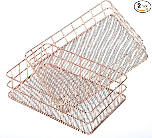2pcs Rose Basket Bathroom Gold Organizer Storage Basket For Decor Desktop Exquisite Vanity Dresser Ornament Office Stationery Home(9.65*6.5*2.75inch) (Rose)
