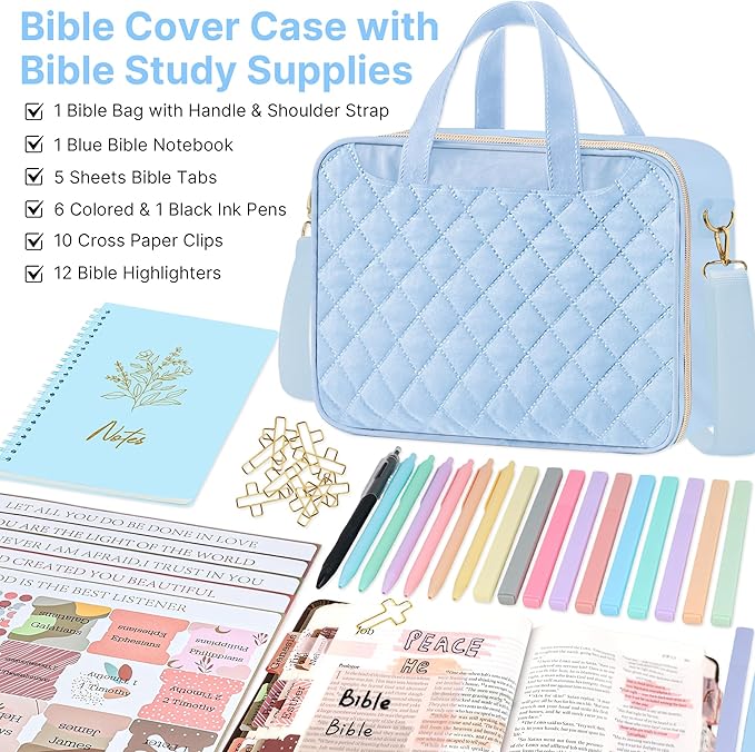 PUGPIU Bible Cover Case for Women, Large Quilted Bible Bag with Shoulder Strap and Handle, Bible Study Supplies Journaling Kit with Highlighters Pens No Bleed Tabs Notebook Cross Clips (Light Blue)