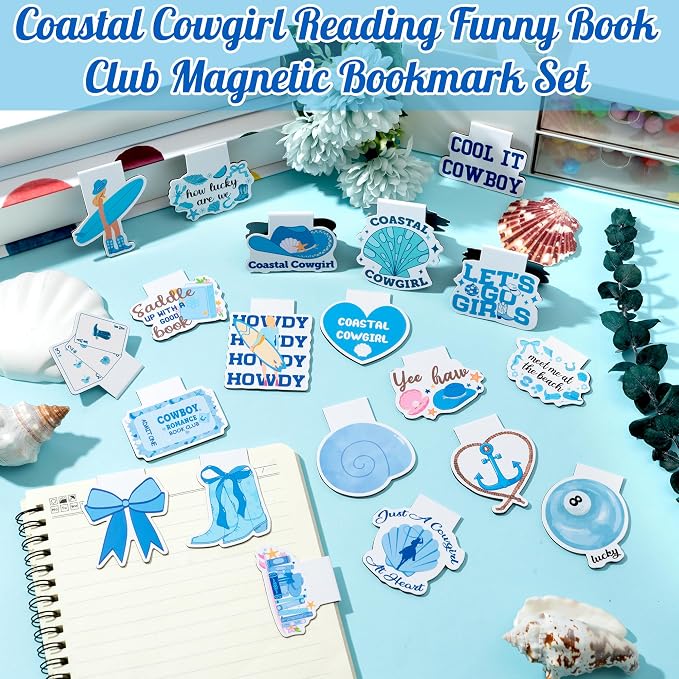 Coastal Cowgirl Reading Magnetic Bookmark - 20Pcs Summer Ocean Funny Bookmark Blue Beach Reading Bookish Page Marker Clip Reader Accessories for Girl Women Graduation Back to School Book Club Gift