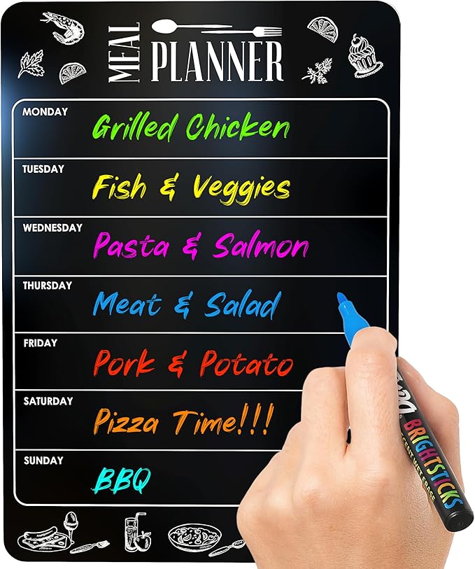 Weekly Dinner Menu Board for Kitchen A4-8.5x12 Black Magnetic Weekly Meal Planner for Fridge Dry Erase Weekly Menu Boards Magnetic Menu for Refrigerator Food Menu Boards Week Chalkboard Menu Board