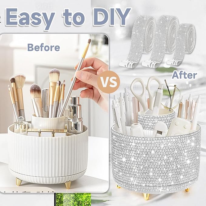 Yi-gog 360°Rotating Makeup Organizer Brush Holder with DIY Diamond Gifts Women Girls Vanity Desktop Office Dresser Bedroom
