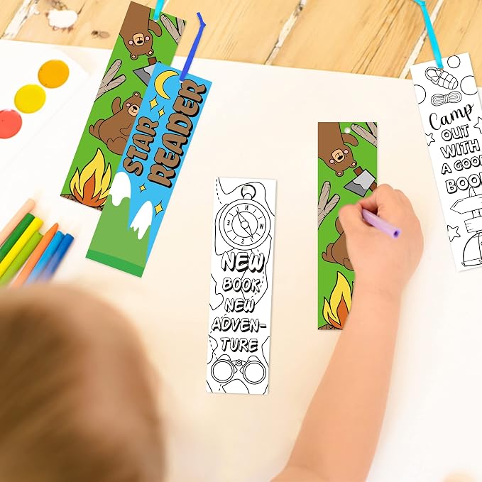 ANGOLIO Camping Party Coloring Bookmarks - 150P Color Own Camp Bookmarks Kids DIY Blank Crafts Party Game Prize Art Craft Big Pack Supplies Back to School Book Fillers Classroom Read Club Rewards