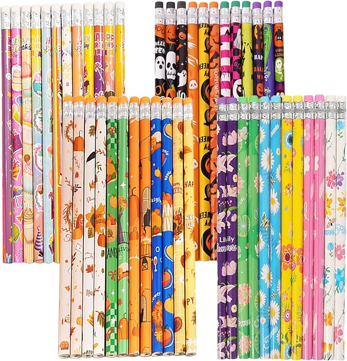 50pcs Mixed Random Pencils with Eraser Wood Pencils Bulk for Goodie Bags or Treat Gift Prize Stationery Office Supply (Random design, 50)