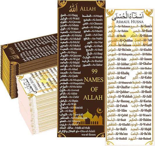 100 Packs 99 Names of Allah Bookmark Arabic English Islamic Bookmarks Reflecting on The Names of Allah Ramadan Eid Gifts Bulk Quran Muslim Islamic Arabic Gifts for Women Men Quran Learning