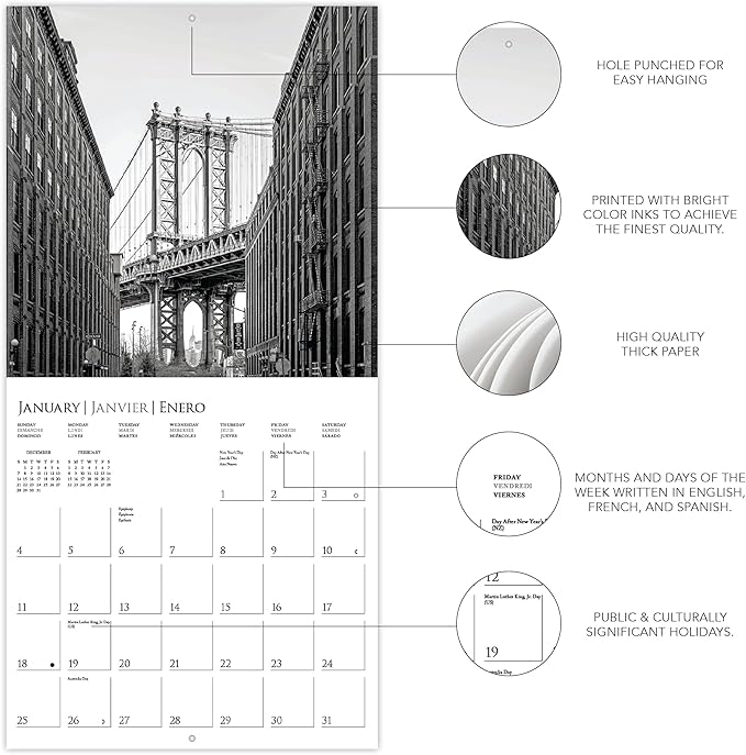 Graphique 2026 New York Wall Calendar | 12” x 12” | Thick Paper | Home & Office Organizer | Large Monthly Grid | 3 Languages & Marked Holidays | 4 Month Preview Page for 2027