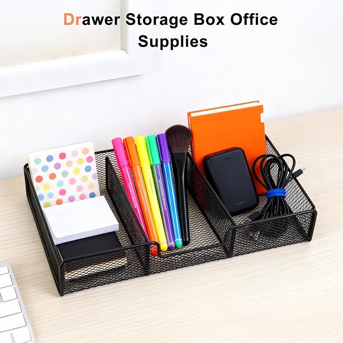 Desk Drawer Organizer, Metal Mesh Small Shallow Drawer Organizers Junk Organizer Tray with 3 Compartments, Pen Pencil Storage Box for Office Supplies Desk Accessories Workspace School Organization