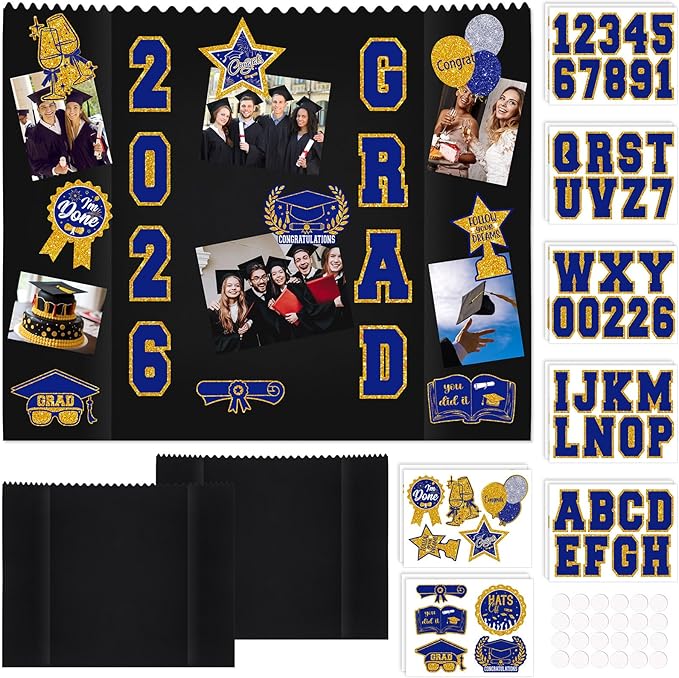 AmazingSpark 2 Sets Graduation Photo Display Board Trifold Poster Board with 12 Graduation Themed Stickers for 2026 Grad Party Decoration Picture Collage Frame Supplies (40 x 28,Blue Gold)