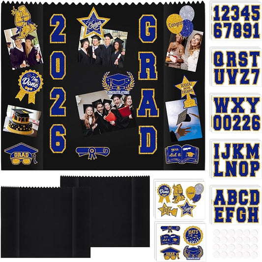 AmazingSpark 2 Sets 40 x 28 Large Trifold Poster Board for Graduation Photo Display Board with 12 Grad Themed Stickers for 2026 Presentation Party Decor Event Collage Frame Supplies (Blue Gold)