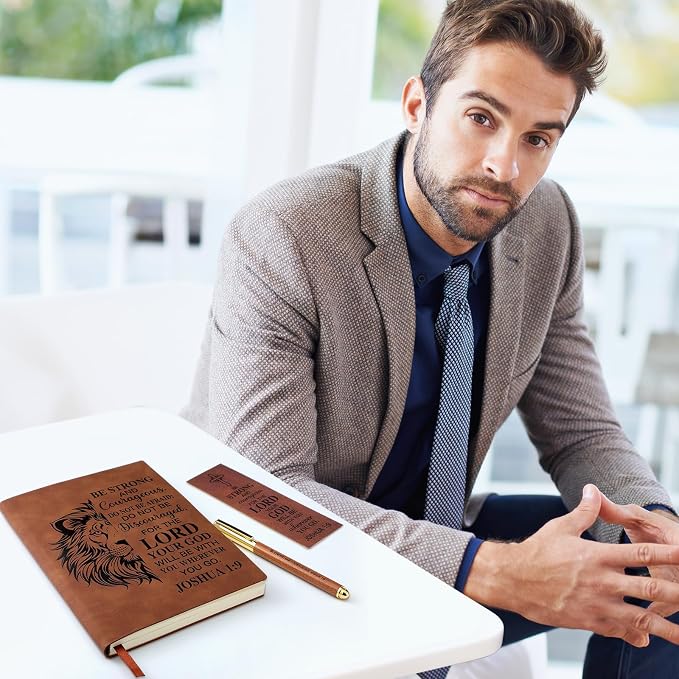 Fuyoooo 4 Pcs Christian Gifts for Men Father's Day Pastor Appreciation Gifts Vintage Leather Hardcover Notebook 1 Timothy 6:11 Religious Bible Verse Pen Joshua 1:9 Bookmark & Box(Lion,Brown)