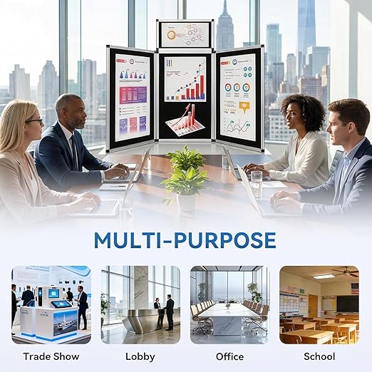 LITTLE TREE 3+1 Panel Trade Show Presentation Board, 70.8" x 35.4" Portable Panel Display, Folding 3 Panel Exhibition Boards Double Sided Tabletop Display Black Hook & Loop-Receptive Fabric with Bag