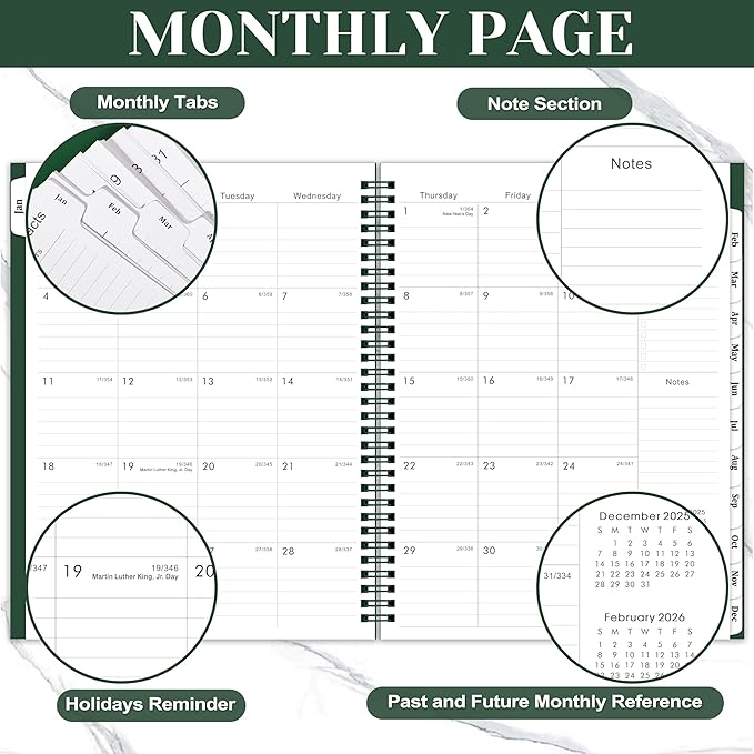 2026 Planner - JAN.2026 - DEC.2026, 2026 Planner Weekly and Monthly, 9" x 11", 2026 Calendar Planner, Weekly and Monthly Planner 2026 with Tabs, Twin-wire Binding, Pocket - Green