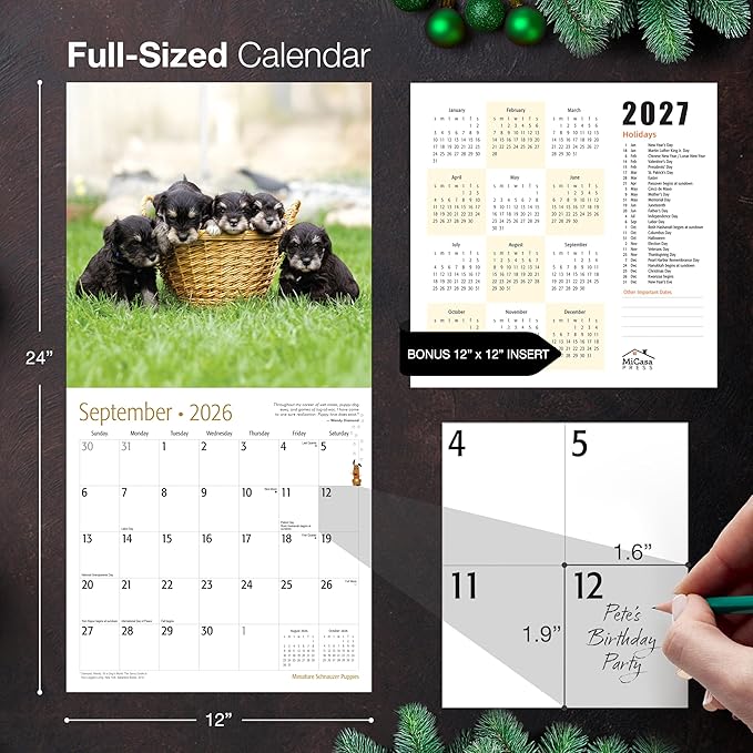 MICASA PRESS Miniature Schnauzer Puppies 2026 Wall Calendar 12 Month | 12" x 24" Open | Thick & Sturdy Paper | Giftable | Cute Puppy Dog Calendar 2026