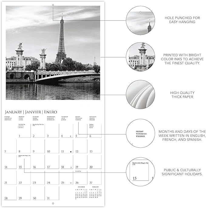 Graphique 2024 Paris Wall Calendar | 12” x 12” | Thick Paper | Home & Office Organizer | Large Monthly Grid | 3 Languages & Marked Holidays | 4 Month Preview Page for 2025