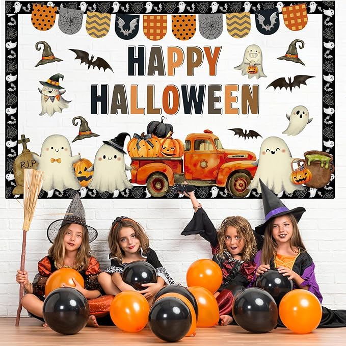 Justforjoyful Halloween Bulletin Board Set Vintage Ghost Evil Pumpkin Bat Bulletin Board Happy Halloween Cutouts Classroom Wall Decor for School Home Chalkboard Fall Party Supplies