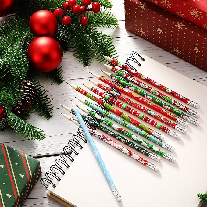 Yexiya 48 Pcs Christmas Pencils for Kids Bulk Colorful Holiday Wood Pencils with Erasers Xmas Snowman Santa Elk Christmas Classroom Gifts for Goodie Bags Office School, 12 Styles