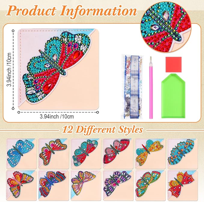 Ireer 12 Pcs 5D Diamond Painting Corner Bookmark Rhinestone PU Leather Diamond Painting Bookmark Triangle Art Bookmarks for Home Office Beginner Adults Birthday Mother Gift(Butterfly Style)