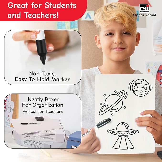 Charles Leonard Magnetic Lapboard Class Combo Pack, Includes 12 Each: 2 Sided Plain/Lined 9 x 12 Inch White Boards, 2-Inch Erasers, Black Dry Erase Markers (35045)
