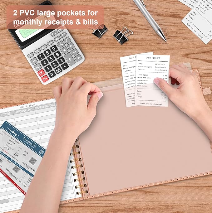 HAUTOCO Hardcover Bill Tracker Notebook Horizontal Monthly Bill Payment Organizer for Personal Budgeting Home Finance with 2 Storage Pocket Expense Checklist Tracking Planner 10.78 x 8'', Pink