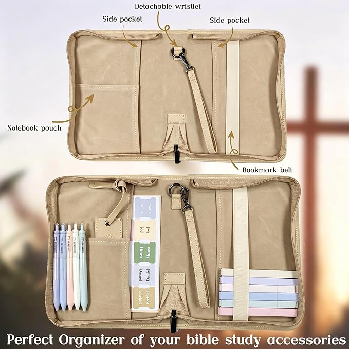 Leather Bible Cover for Woman & Men, Women’s Bible Case with Rose Bookmark Supplies-Girls Carrying Bag Tote with Strap, Personal Size Book Organizer for Journaling Bible-Khaki
