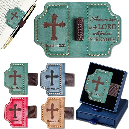 Bygone Mark Personalized Magnetic Leather Bookmark with Pen Holder,Inspirational Bible Verse Religious Bookmarks,Christian Book Lovers Reading Accessory for Men Women (Green, lsaiah 40:31)