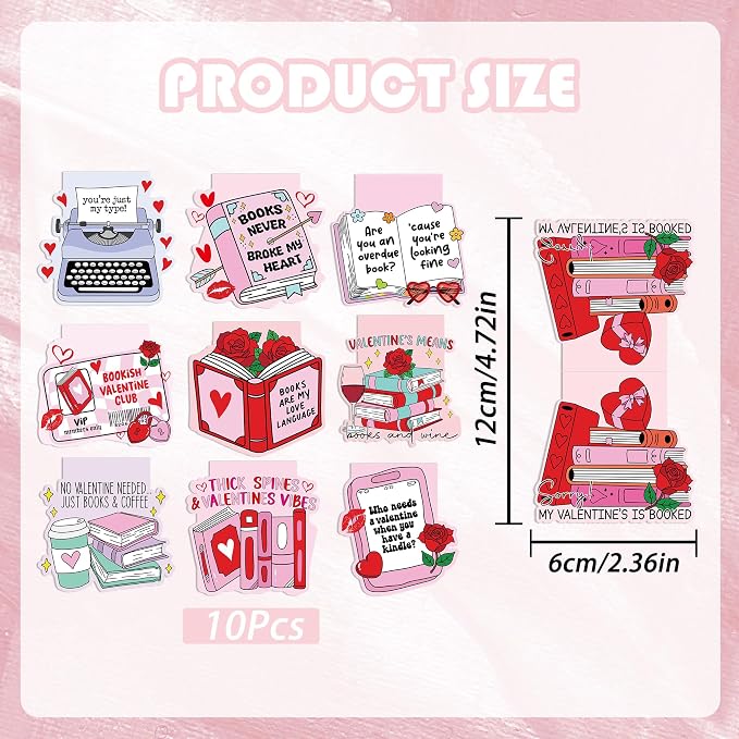 Valentines Day Magnetic Bookmarks, 10 Pcs Cute Pink Magnet Book Marks for Reading Women Book Lovers, Valentine Bookish Gifts for Her, Romantic Page Marker Clips for Journals Novels
