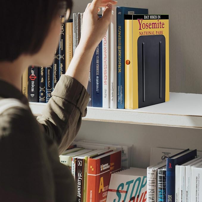 Acrimet Bookends for Shelves, Non-Skid Book Holder, Heavy Duty Book Stopper, Steel Metal Book Ends Storage for Home, Library, 6 7/8" H x 4" W x 4 1/2" D (Black) (1 Pair / 2 Pieces)