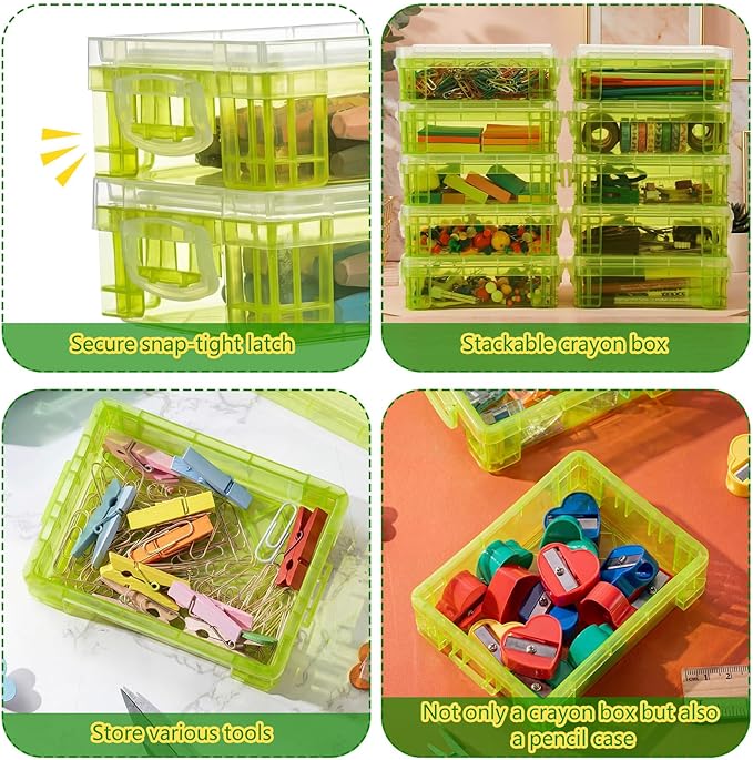 Suzile 40 Pcs Plastic Crayon Boxes Holds 24 Crayon with Snap Lid Storage Container Clear Stackable Case for School Office Classroom Supplies Pen Pencil Craft(Green)