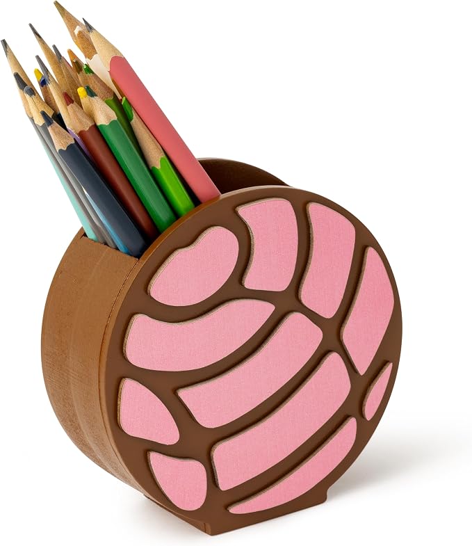 MALLMALL6 Mexico Concha Pencil Holder - 3D Mexican Bread Pink Wooden Pen Holder, Back to School Funny Caddy Case Gift for Kids, Desktop Storage Organizer for Classroom Teacher Office