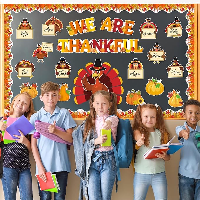 71 Pcs Thanksgiving Turkey Bulletin Board Decorations We are Thankful Classroom Bulletin Board Fall Pumpkin Turkey Maple Leaf Cutouts Decor for Autumn Harvest School Chalkboard Wall Decor Supplies