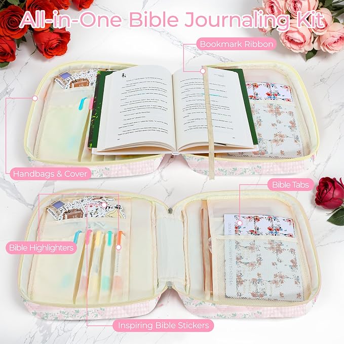 WOBAGMEN Bible Cover Case for Women,Large Bible Tote Bags Organizer Quilted Carrying Case for Girls,Bible Study Supplies Accessories Christian Gifts for Women (Pink Floral pin, L)